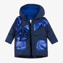 Fashion Baby Girl Navy Blue Puffa Jacket With Ruffles Child Outerwear