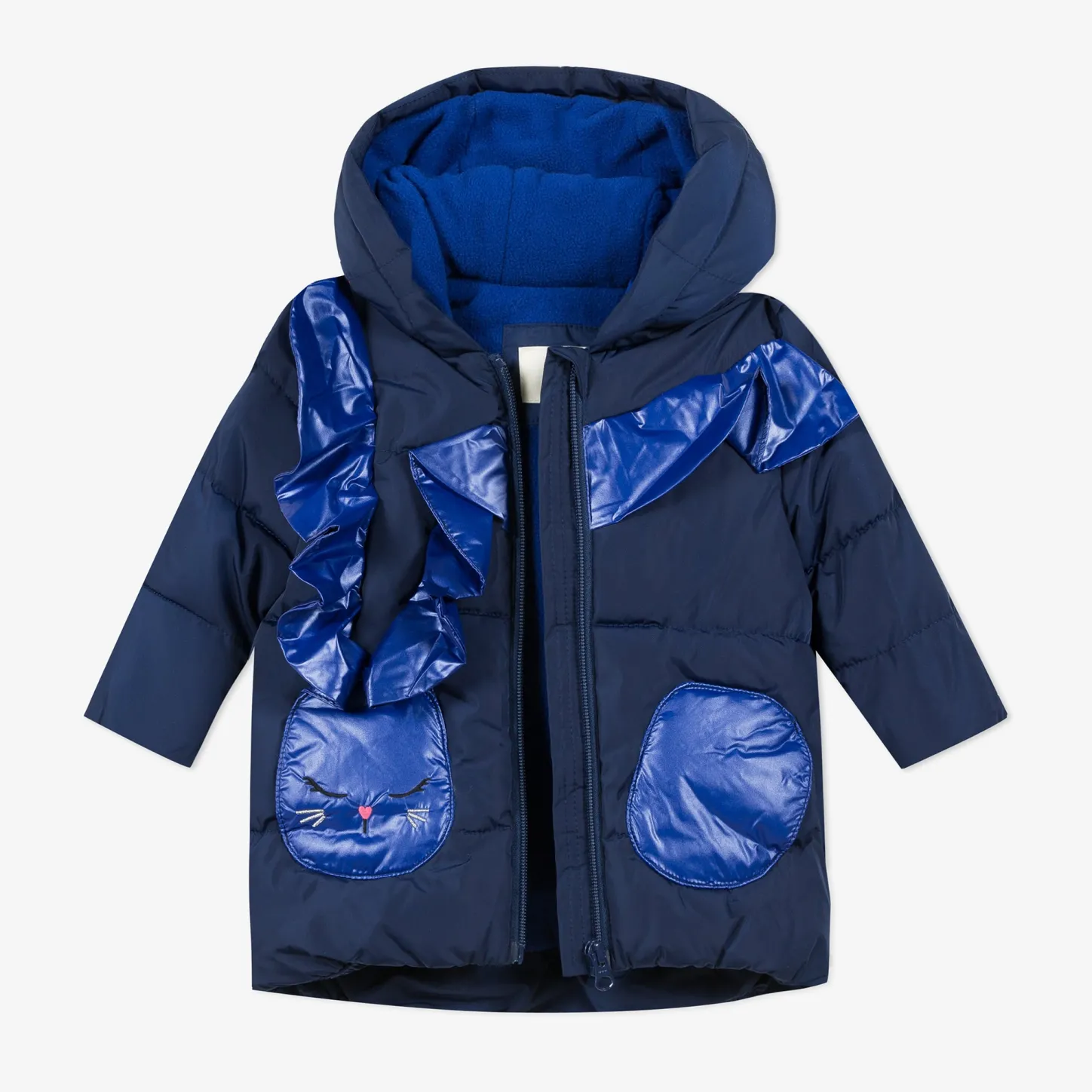 Fashion Baby Girl Navy Blue Puffa Jacket With Ruffles Child Outerwear