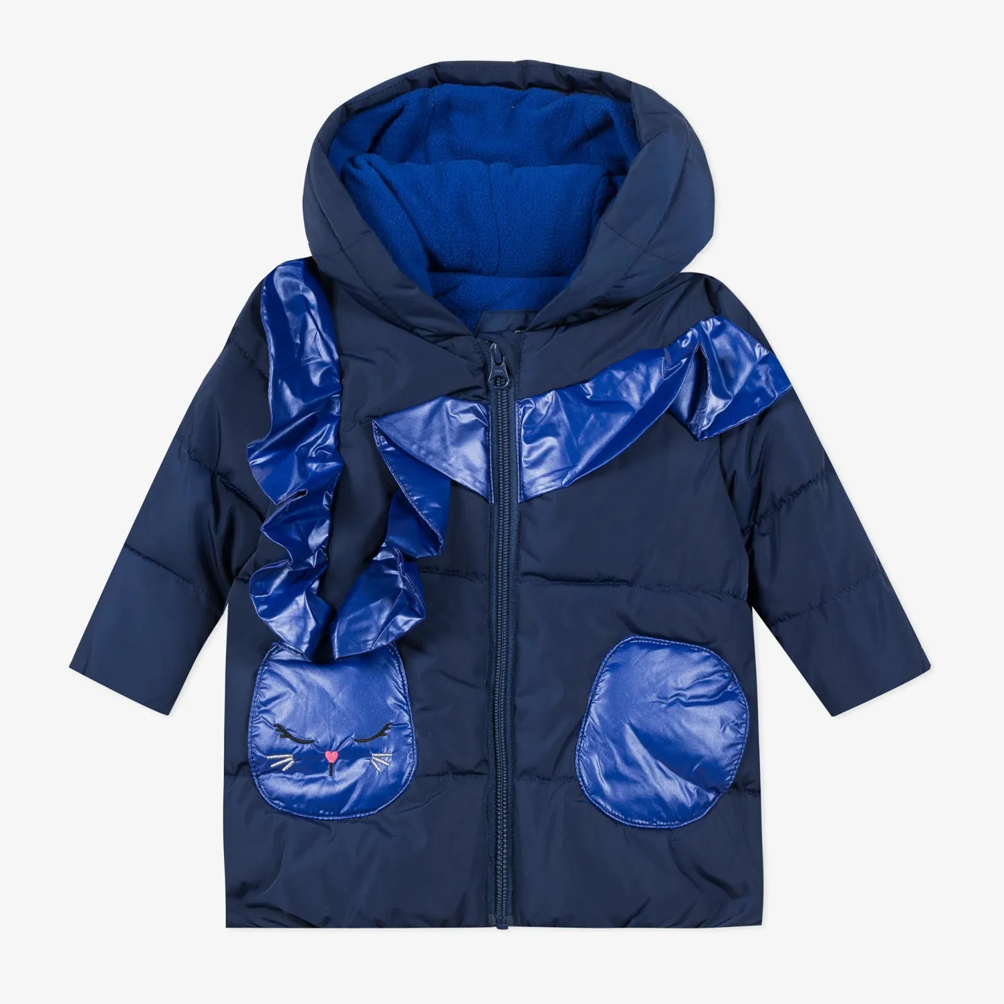 Fashion Baby Girl Navy Blue Puffa Jacket With Ruffles Child Outerwear