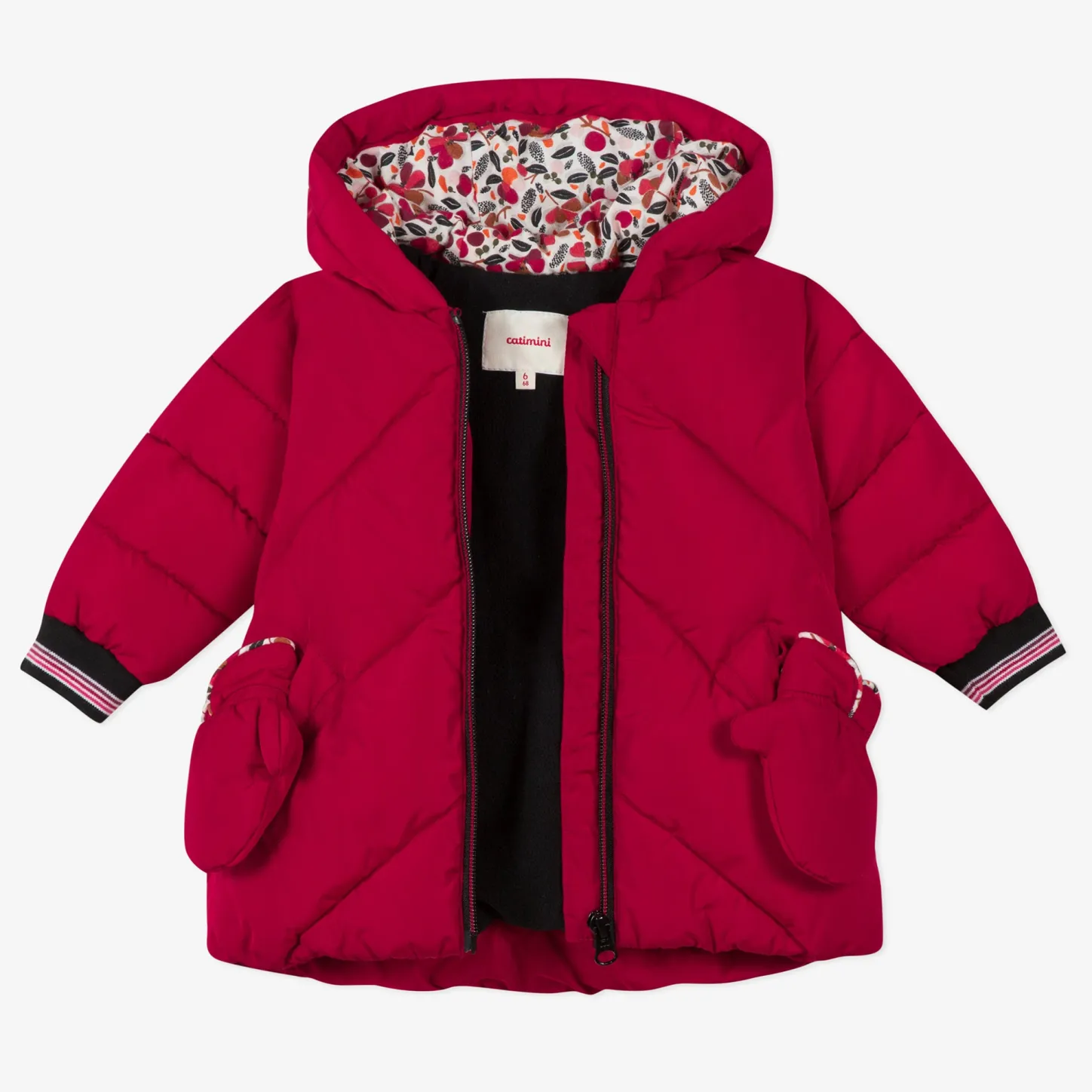 Clearance Baby Girl Red Coated Puffer Jacket And Mittens Child Outerwear